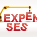 industrial robotic arm building EXPENSES word on white background