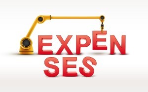 industrial robotic arm building EXPENSES word on white background