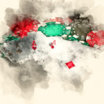 Picture of Playing cards with chips. Watercolor background.