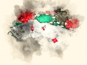 Picture of Playing cards with chips. Watercolor background.