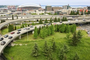 Picture of Interstate freeway with Seattle in background