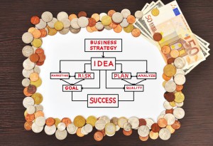 Picture of poster with drawing business concept and money, close up