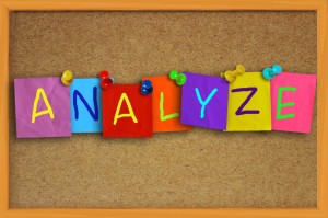 Picture of bulletin board with showing word analuze on post-it notes