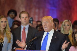 Picture of New York City - USA - April 27 2016: Republican presidential candidate Donald Trump gestures while speaking to press after his five-state super Tuesday win