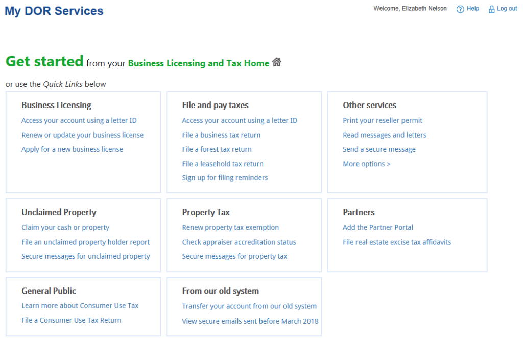 A screen capture of the first page a user sees after logging in to MyDOR.