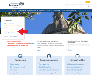 A screen capture of the homepage for the Washington Department of Revenue, with a red arrow indicating where to click to navigate to the business license lookup tool.