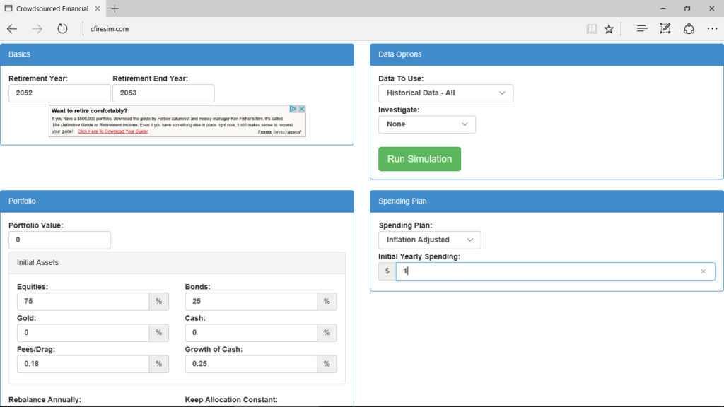 Picture of cFIREsim retirement plan b inputs