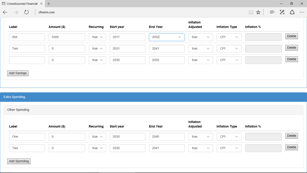 Picture of cFIREsim retirement plan b savings input
